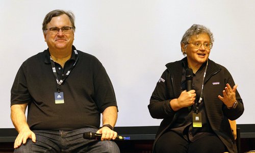 Reid Hoffman and Lever for Change CEO Cecilia Conrad at the Hypothesis Fund's annual retreat in October 2023