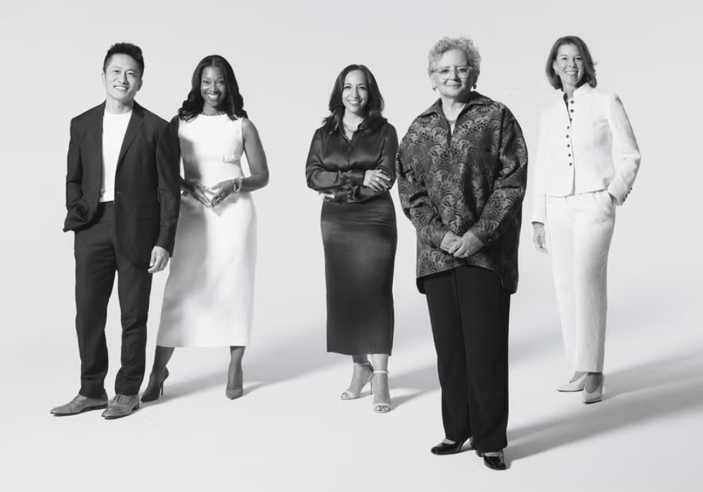 Black and white photograph of  Philip Chong, Yolonda Marshall, Layla Zaidane, Cecilia Conrad, and Suzanne McCormick. Credit: Emilio Madrid